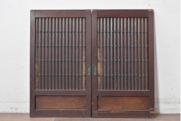 アンティーク建具　明治期　丸桟格子板戸窓2枚セット　(R-088850)