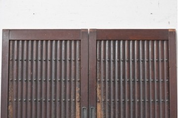 アンティーク建具　明治期　丸桟格子板戸窓2枚セット　(R-088850)