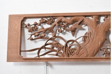 アンティーク建具　昭和初期　山本栄雲作　松竹梅と鳥の意匠が趣深い彫刻欄間2枚セット　(R-088865)