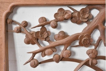 アンティーク建具　昭和初期　山本栄雲作　松竹梅と鳥の意匠が趣深い彫刻欄間2枚セット　(R-088865)