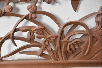 アンティーク建具　昭和初期　山本栄雲作　松竹梅と鳥の意匠が趣深い彫刻欄間2枚セット　(R-088865)