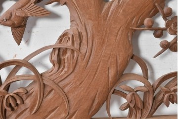 アンティーク建具　昭和初期　山本栄雲作　松竹梅と鳥の意匠が趣深い彫刻欄間2枚セット　(R-088865)