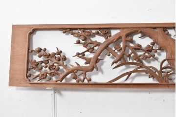 アンティーク建具　昭和初期　山本栄雲作　松竹梅と鳥の意匠が趣深い彫刻欄間2枚セット　(R-088865)