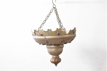 《引っ掛けシーリング式ペンダントライト加工費込み》　ヴィンテージ照明　モロッコ　真鍮製　色ガラスが彩るモロッコ吊り下げ照明　(R-088885)　