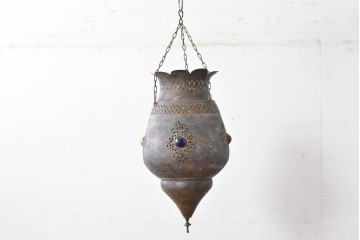 《引っ掛けシーリング式ペンダントライト加工費込み》　ヴィンテージ照明　モロッコ　真鍮製　色ガラスがアクセントの吊り下げ照明　(R-088894)