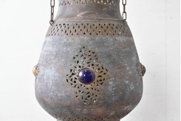 《引っ掛けシーリング式ペンダントライト加工費込み》　ヴィンテージ照明　モロッコ　真鍮製　色ガラスがアクセントの吊り下げ照明　(R-088894)