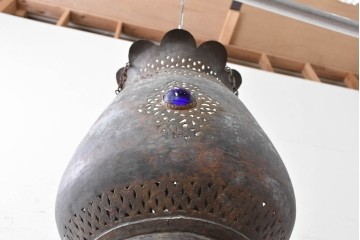 《引っ掛けシーリング式ペンダントライト加工費込み》　ヴィンテージ照明　モロッコ　真鍮製　色ガラスがアクセントの吊り下げ照明　(R-088894)