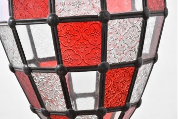 《引っ掛けシーリング式ペンダントライト加工費込み》　ヴィンテージ照明　モロッコ　赤とクリアの幾何学模様が印象的なペンダントライト　(R-088908)