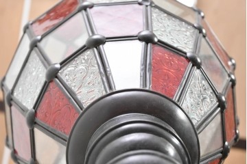 《引っ掛けシーリング式ペンダントライト加工費込み》　ヴィンテージ照明　モロッコ　赤とクリアの幾何学模様が印象的なペンダントライト　(R-088908)