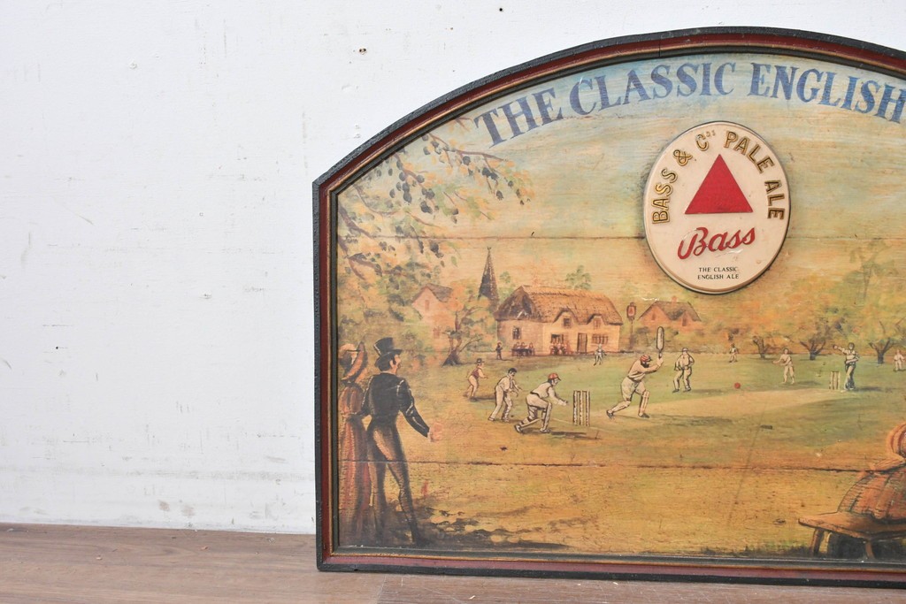 イギリスアンティーク　希少　著名工房作品　英国伝統サインペイント　Bass & Co's PALE ALE(バスペールエール)　クリケット風景が味わい深い立体パブサイン　(R-088942)