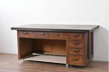 和製アンティーク　激レア　希少　天板(欅材)　古い仕立て屋で使われていた両面使いのカウンターテーブル　(R-088947)