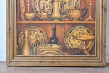 イギリスヴィンテージ　アンティーク調　食器棚の中を覗き込んだようなだまし絵額装　(R-088958)