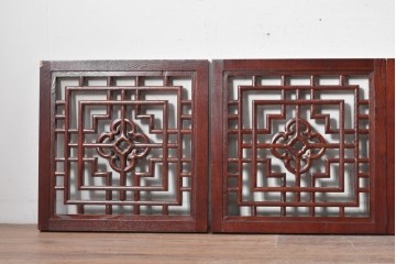 中古建具　中国　美品　タモ材　幾何学模様が美しい中国格子パネル4枚セット　(R-088961)