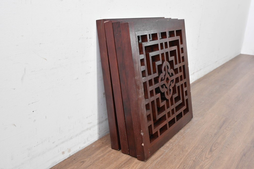 中古建具　中国　美品　タモ材　幾何学模様が美しい中国格子パネル4枚セット　(R-088961)