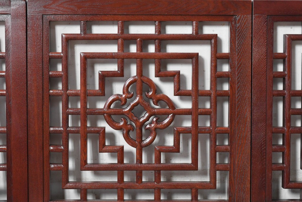 中古建具　中国　美品　タモ材　幾何学模様が美しい中国格子パネル4枚セット　(R-088962)