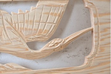 ヴィンテージ建具　昭和後期　筬格子に鶴と松の立体彫刻が映える欄間2枚セット　(R-088990)