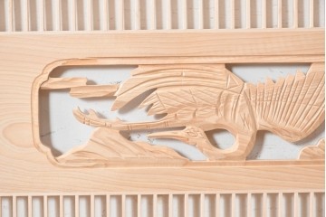 ヴィンテージ建具　昭和後期　筬格子に鶴と松の立体彫刻が映える欄間2枚セット　(R-088992)