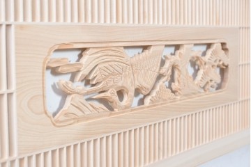 ヴィンテージ建具　昭和後期　筬格子に鶴と松の立体彫刻が映える欄間2枚セット　(R-088992)