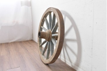 アンティーク雑貨　明治期から大正期　大八車　青いスポークと鉄輪が目を引く木製車輪　(R-089034)