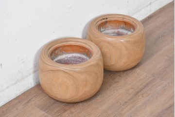 【簡易リペア限定品】　和製アンティーク　昭和初期から昭和中期　木目が印象的なくり抜き桐火鉢2点セット　(R-089064)