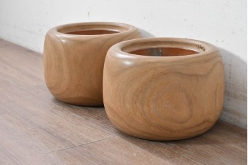 【簡易リペア限定品】　和製アンティーク　昭和初期から昭和中期　木目が印象的なくり抜き桐火鉢2点セット　(R-089064)