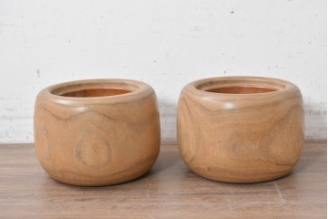 【簡易リペア限定品】　和製アンティーク　昭和初期から昭和中期　木目が印象的なくり抜き桐火鉢2点セット　(R-089064)