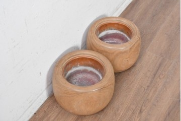 【簡易リペア限定品】　和製アンティーク　昭和初期から昭和中期　木目が印象的なくり抜き桐火鉢2点セット　(R-089065)