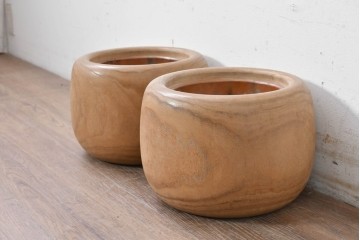 【簡易リペア限定品】　和製アンティーク　昭和初期から昭和中期　木目が印象的なくり抜き桐火鉢2点セット　(R-089065)