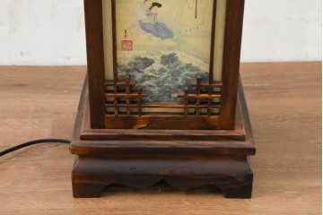 中古　韓国製　人物・山水図の四面パネルを配した楼閣風の置き型照明　(R-089108)