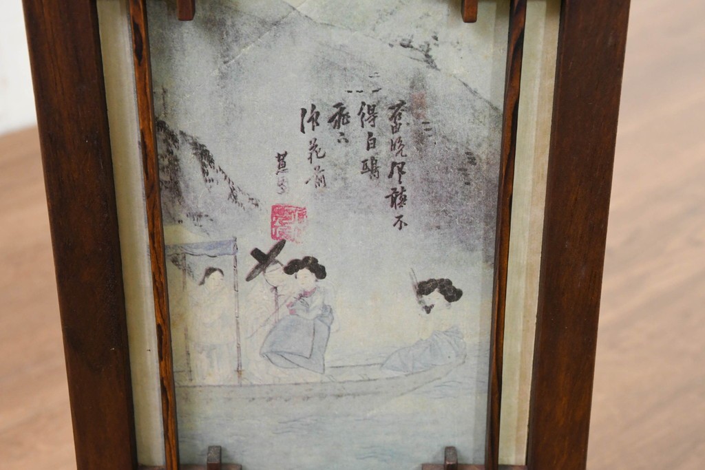 中古　韓国製　人物・山水図の四面パネルを配した楼閣風の置き型照明　(R-089108)