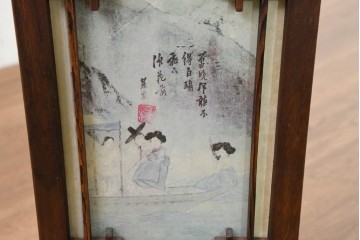 中古　韓国製　人物・山水図の四面パネルを配した楼閣風の置き型照明　(R-089108)