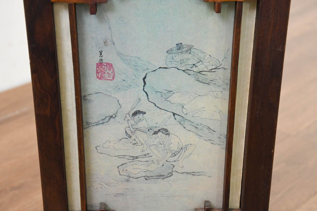 中古　韓国製　人物・山水図の四面パネルを配した楼閣風の置き型照明　(R-089108)