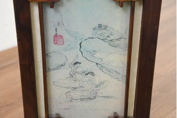 中古　韓国製　人物・山水図の四面パネルを配した楼閣風の置き型照明　(R-089108)