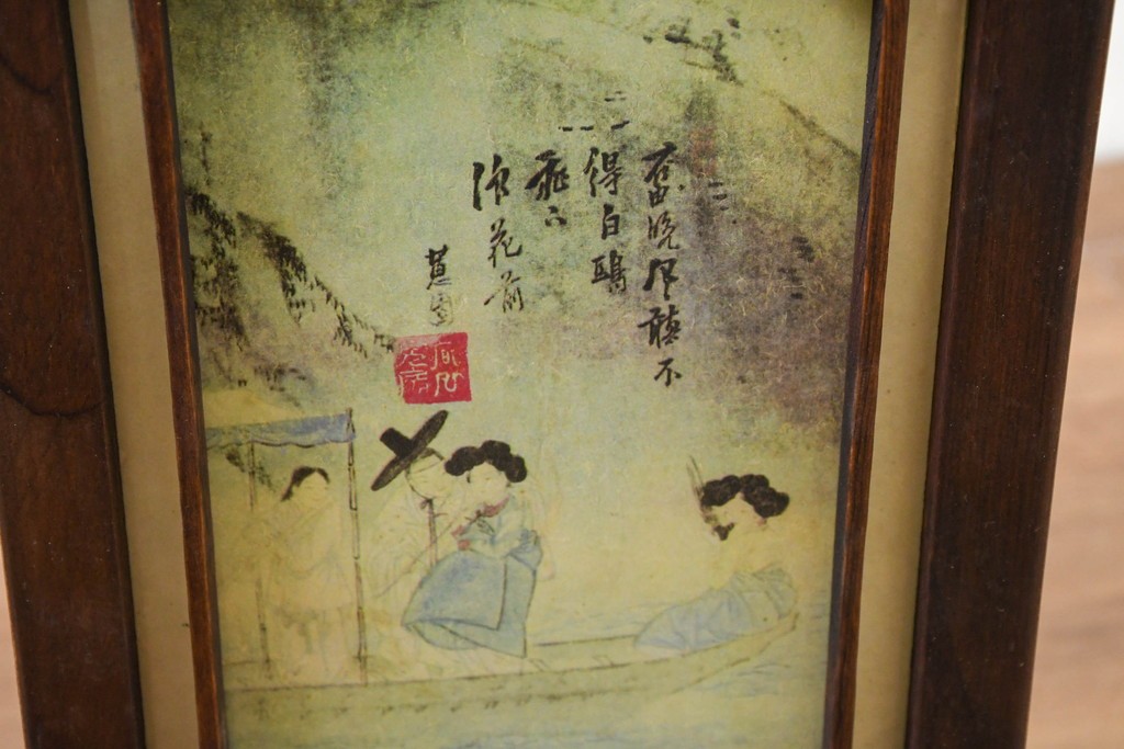 中古　韓国製　人物・山水図の四面パネルを配した楼閣風の置き型照明　(R-089109)