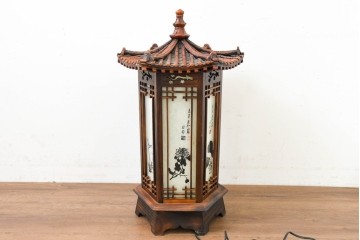 中古　韓国製　六角形屋根　楼閣風　伝統建築デザインの置き型照明　(R-089111)