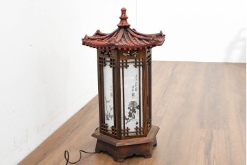 中古　韓国製　六角形屋根　楼閣風　伝統建築デザインの置き型照明　(R-089113)