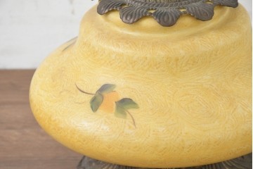《スタンドライト加工費込み》　イギリスアンティーク　真鍮製　ハンドペイントの花柄が華やかなスタンドライト　(R-089135)