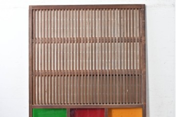 アンティーク建具　大正から昭和初期　裏障子付き　鮮やかな色ガラス入りの格子戸1枚　(R-089164)