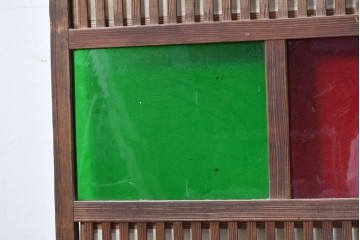 アンティーク建具　大正から昭和初期　裏障子付き　鮮やかな色ガラス入りの格子戸1枚　(R-089164)