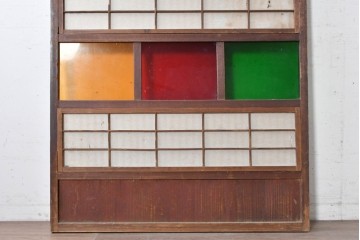 アンティーク建具　大正から昭和初期　裏障子付き　鮮やかな色ガラス入りの格子戸1枚　(R-089164)