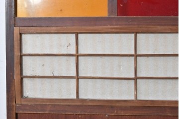 アンティーク建具　大正から昭和初期　裏障子付き　鮮やかな色ガラス入りの格子戸1枚　(R-089164)