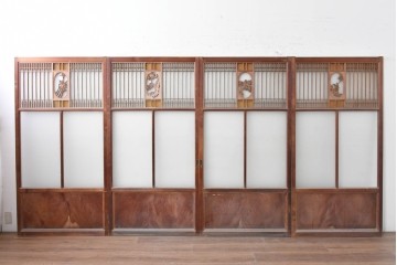 ヴィンテージ建具　上手物!　腰板欅(ケヤキ)材　透かし細工と色ガラスが目を引くガラス戸4枚セット　(R-089172)