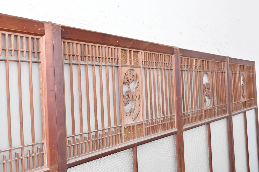 ヴィンテージ建具　上手物!　腰板欅(ケヤキ)材　透かし細工と色ガラスが目を引くガラス戸4枚セット　(R-089172)