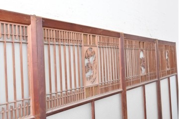 ヴィンテージ建具　上手物!　腰板欅(ケヤキ)材　透かし細工と色ガラスが目を引くガラス戸4枚セット　(R-089172)