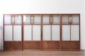 ヴィンテージ建具　上手物!　腰板欅(ケヤキ)材　透かし細工と色ガラスが目を引くガラス戸4枚セット　(R-089172)