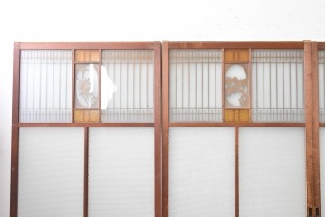ヴィンテージ建具　上手物!　腰板欅(ケヤキ)材　透かし細工と色ガラスが目を引くガラス戸4枚セット　(R-089172)