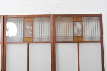 ヴィンテージ建具　上手物!　腰板欅(ケヤキ)材　透かし細工と色ガラスが目を引くガラス戸4枚セット　(R-089172)