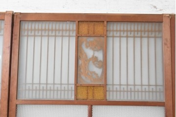 ヴィンテージ建具　上手物!　腰板欅(ケヤキ)材　透かし細工と色ガラスが目を引くガラス戸4枚セット　(R-089172)