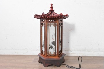 中古　韓国製　六角形屋根　楼閣風　伝統建築デザインの置き型照明　(R-089190)