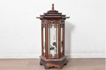 中古　韓国製　六角形屋根　伝統建築デザインの置き型照明　(R-089191)